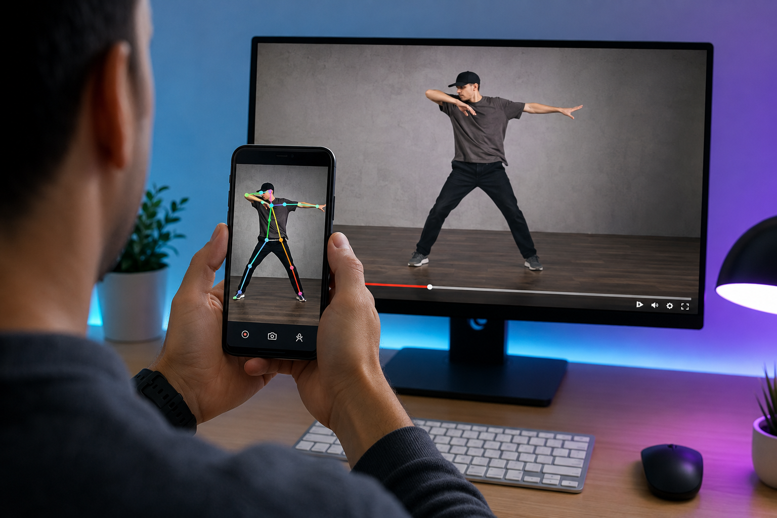 Illustration of someone pointing an iPhone camera at a dance video playing on a computer monitor, with motion tracking on the phone
