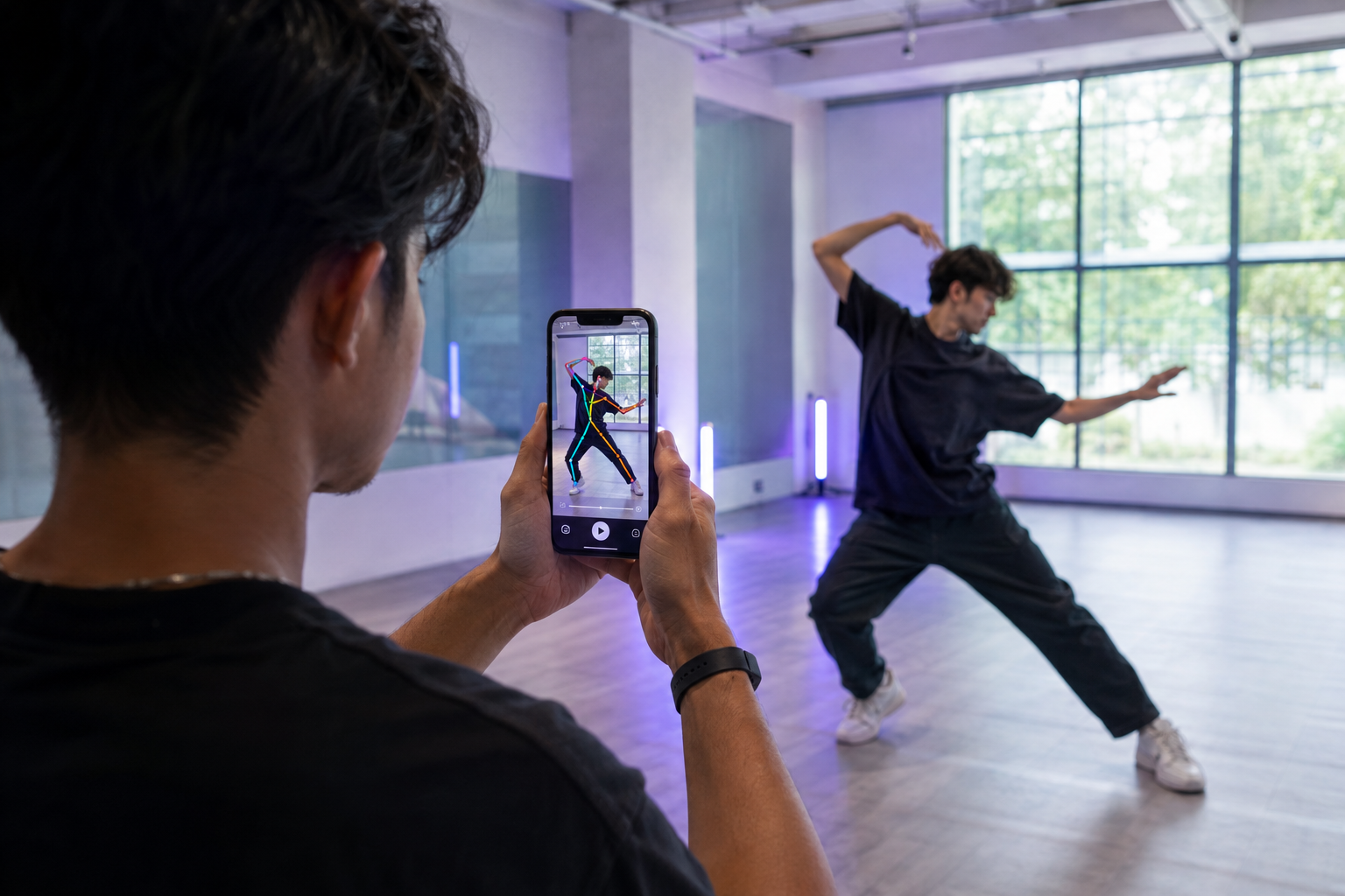 Illustration of someone pointing an iPhone at a live dancer in a studio, with motion tracking shown on the phone