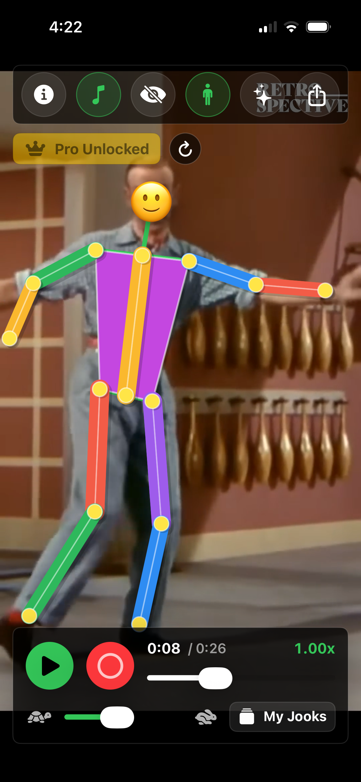 JookJunt showing a colorful body-motion overlay on a dance video, with playback and speed controls